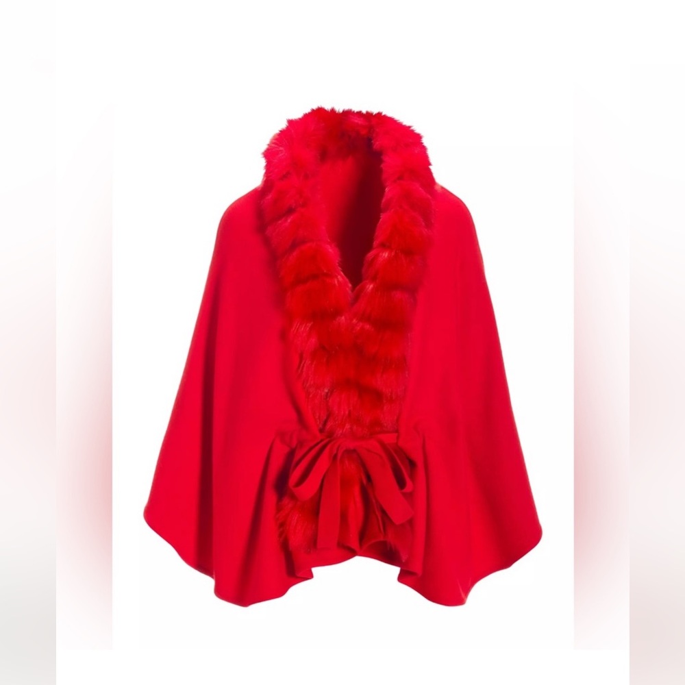 Boston proper Faux Fur Tie Waist Poncho Racing Red- Worn once